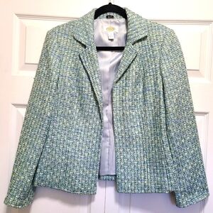 Talbots Open Front Blazer Jacket Basketweave Blue Green‎ Italian Fabric size 8